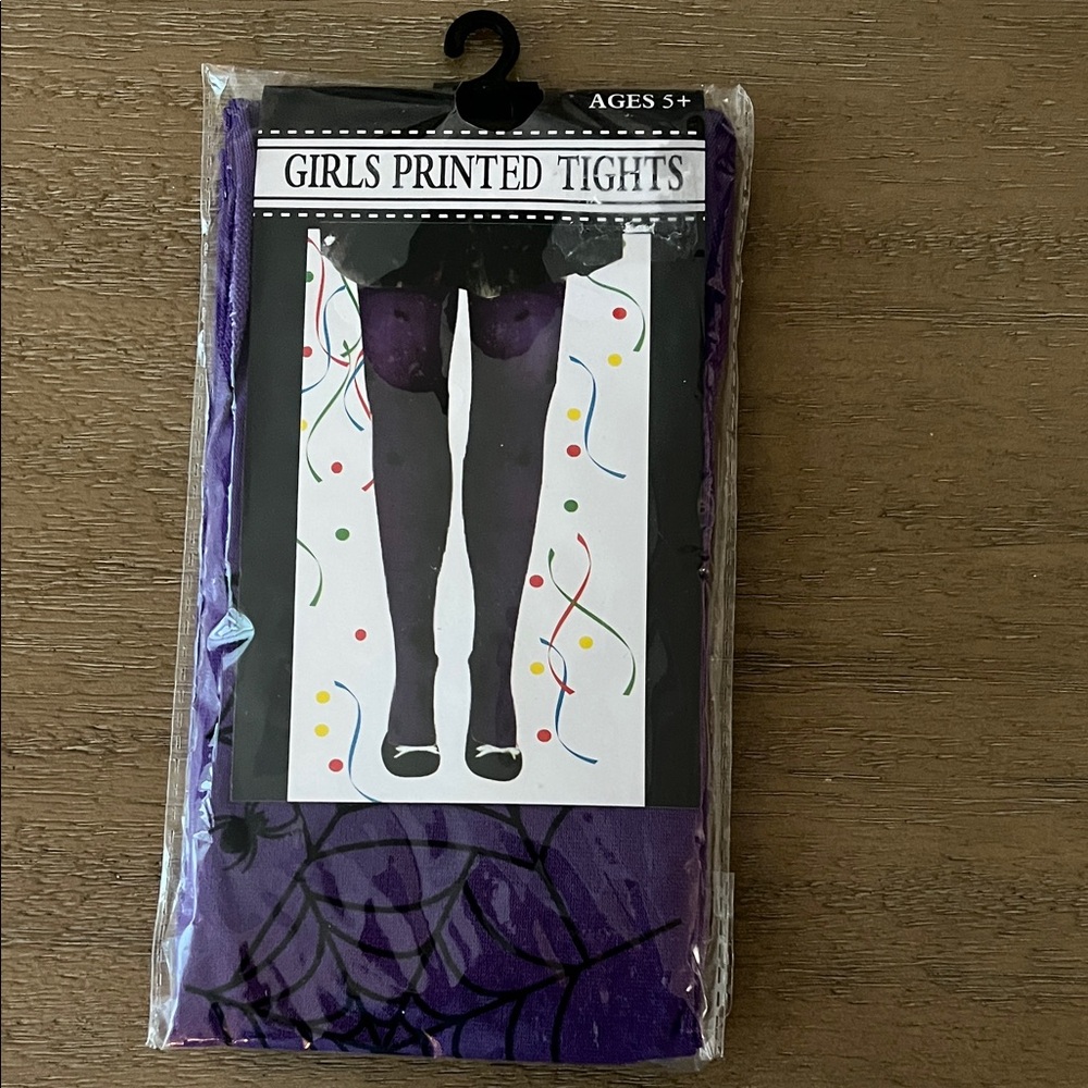 Witchy Witch Purple Spider Web Girls Printed Tights. Ages 5+